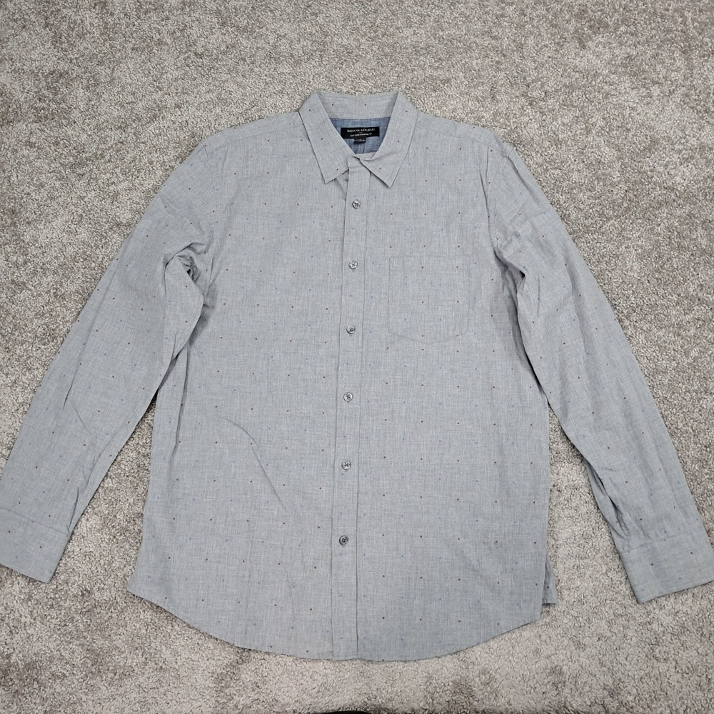 Banana Republic Mens Grey Micro Dot Soft Wash Standard Fit Cotton Shirt Large